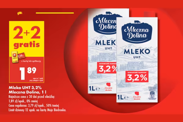 : 2+2 GRATIS na mleko UHT 3,2% Mleczna Dolina