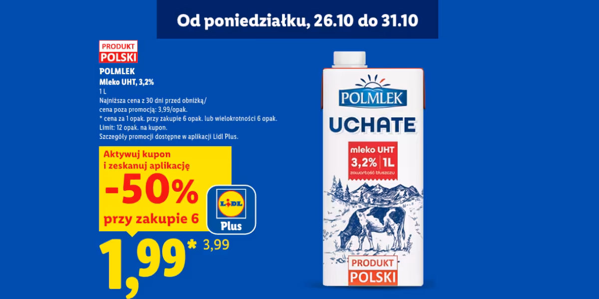 Lidl: KUPON -50% na mleko UHT 3,2% Polmlek