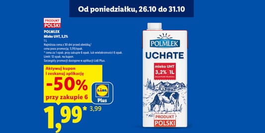 Lidl: KUPON -50% na mleko UHT 3,2% Polmlek 26.10.2026