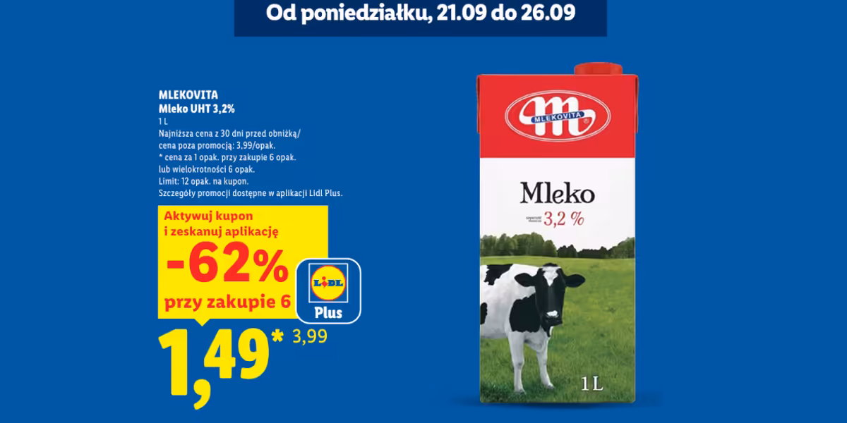 Lidl: KUPON -62% na mleko UHT 3,2% Mlekovita