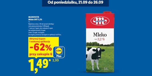 Lidl: KUPON -62% na mleko UHT 3,2% Mlekovita 21.09.2026
