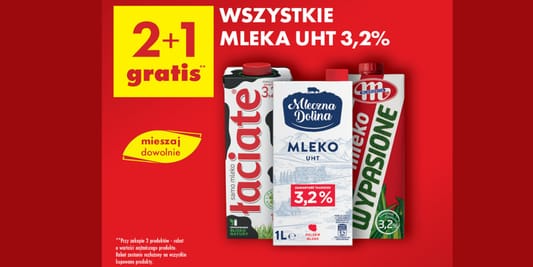 Biedronka: 2+1 GRATIS na wszystkie mleka UHT 3,2% 29.05.2025