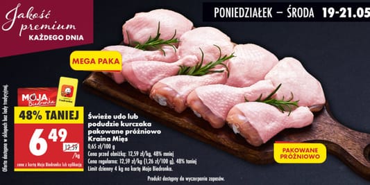 Biedronka: -48% na świeże udo lub podudzie kurczaka 19.05.2025