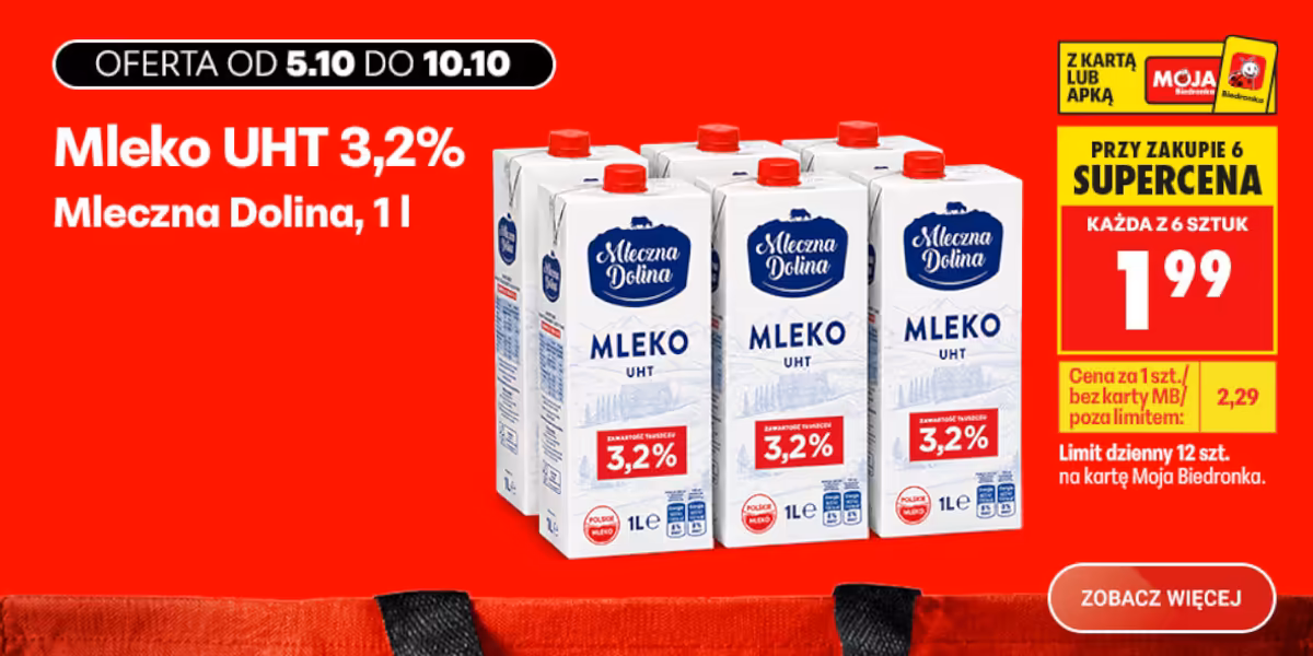 Biedronka: SUPERCENA na mleko Mleczna Dolina UHT 3,2%