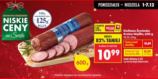 Biedronka: -82% na drugą kiełbasę Żywiecką Kraina Wędlin 01.12.2025