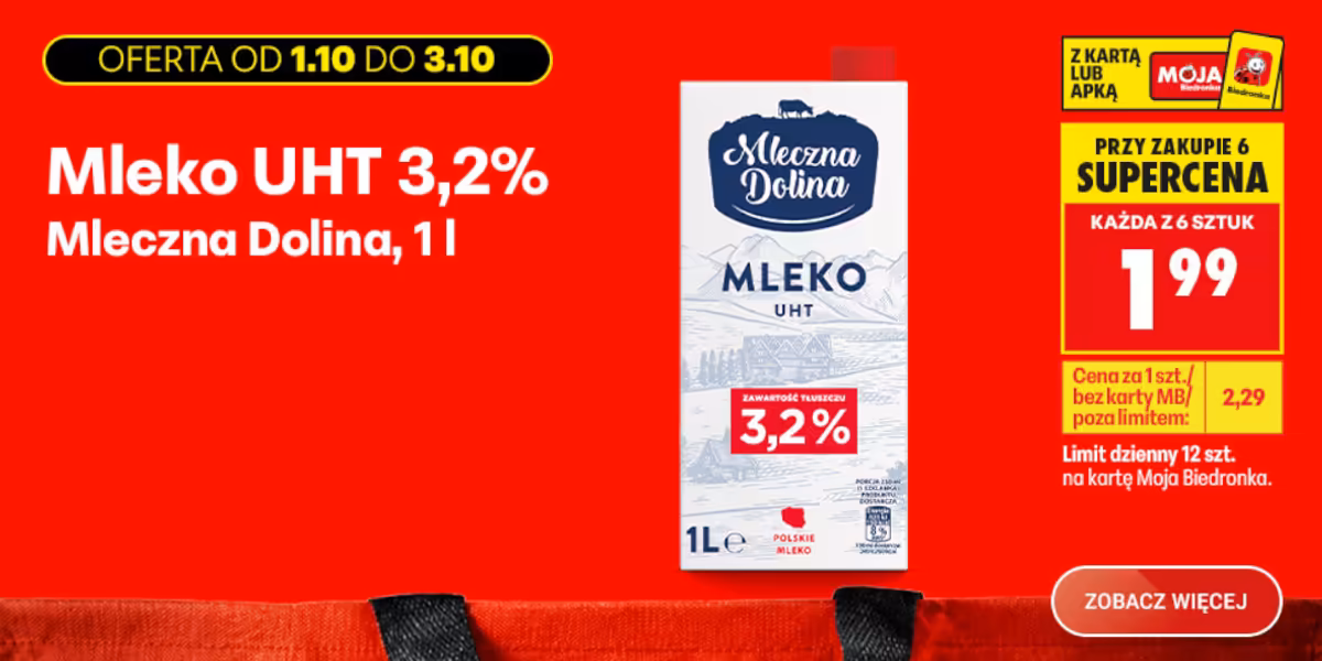 Biedronka: SUPERCENA na mleko Mleczna Dolina UHT 3,2%