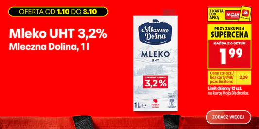 Biedronka: SUPERCENA na mleko Mleczna Dolina UHT 3,2% 01.10.2026