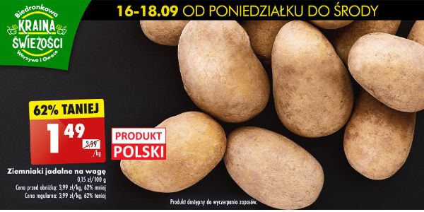 Biedronka: 1,49 zł/kg za ziemniaki na wagę 16.09.2024