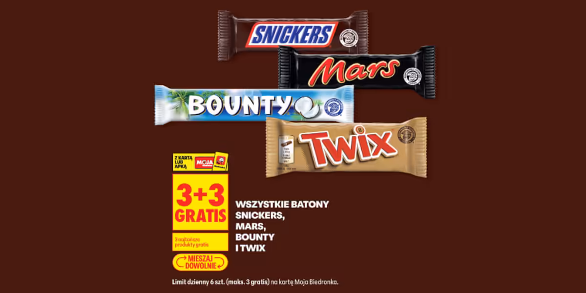 Biedronka: 3+3 GRATIS na batony Snickers, Mars, Bounty, Twix