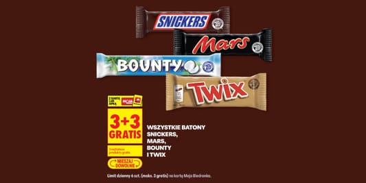 Biedronka: 3+3 GRATIS na batony Snickers, Mars, Bounty, Twix 03.12.2025