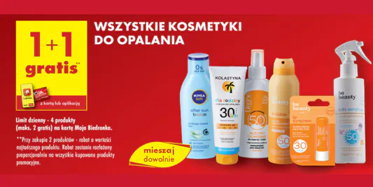 Biedronka: 1+1 GRATIS na  wszystkie kosmetyki do opalania 09.05.2025