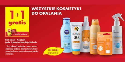 Biedronka: 1+1 GRATIS na  wszystkie kosmetyki do opalania 09.05.2025
