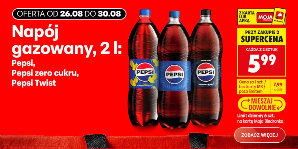 Biedronka: SUPERCENA na napój gazowany Pepsi, Pepsi Twist 26.08.2026