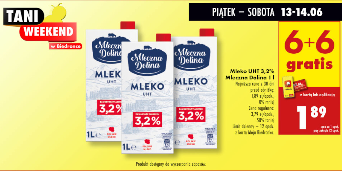 Biedronka: 6+6 GRATIS na mleko UHT 3,2% Mleczna Dolina 13.06.2025