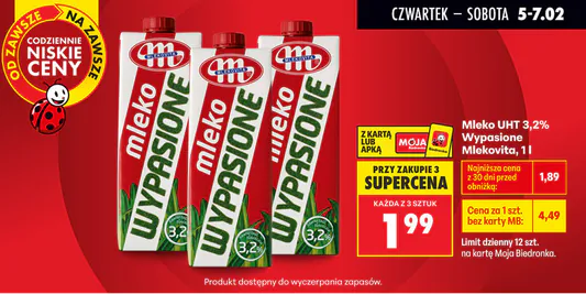 Biedronka: 1,99 zł za mleko UHT 3,2% 05.02.2026