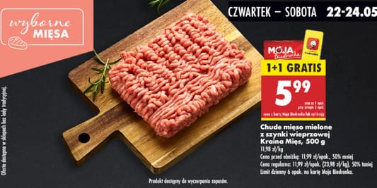 Biedronka: 1+1 GRATIS na chude mięso mielone z szynki wieprzowej 22.05.2025