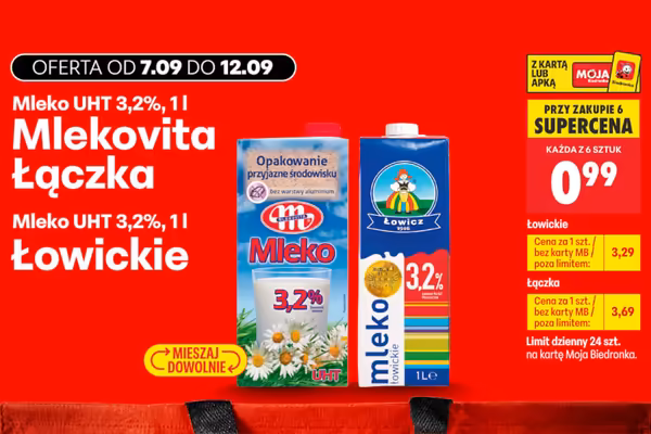Biedronka: 0,99 zł za Mleko UHT 3,2% Mlekovita Łączka oraz Łowickie