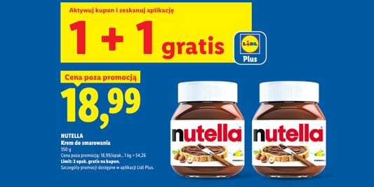 Lidl: KUPON 1+1 GRATIS na krem Nutella 21.09.2026