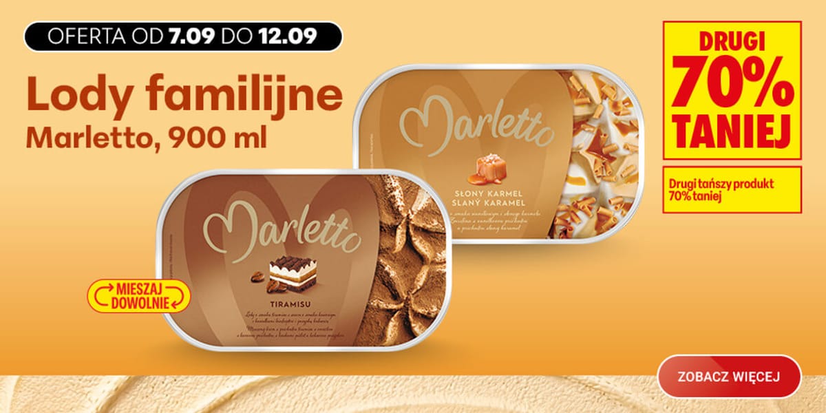Biedronka: -70% na lody familijne Marletto, 900 ml