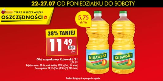 Biedronka: -38% na olej rzepakowy Kujawski, 2 l 22.07.2024