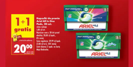 Biedronka: 1+1 GRATIS na kapsułki do prania Ariel All In One 09.05.2025