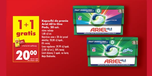 Biedronka: 1+1 GRATIS na kapsułki do prania Ariel All In One 09.05.2025