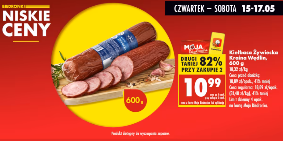 Biedronka: -82% na drugą kiełbasę Żywiecką Kraina Wędlin