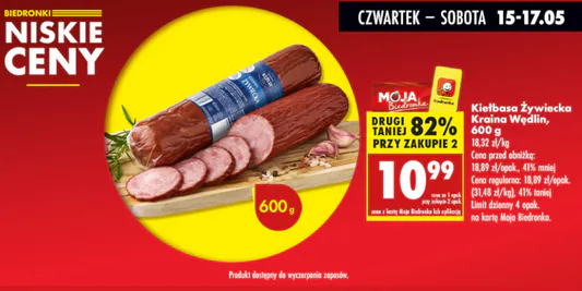 Biedronka: -82% na drugą kiełbasę Żywiecką Kraina Wędlin 15.05.2025