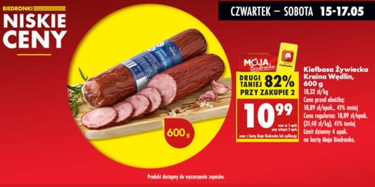 Biedronka: -82% na drugą kiełbasę Żywiecką Kraina Wędlin 15.05.2025