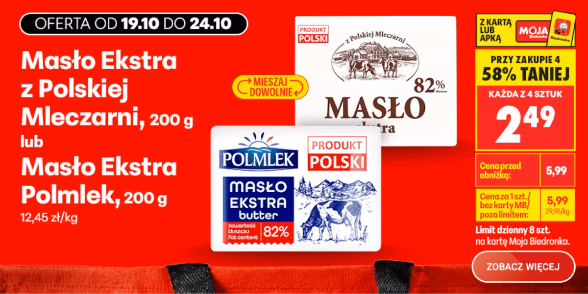 Biedronka: -58% na Masło Ekstra Polmlek i z Polskiej Mleczarni