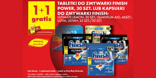 Biedronka: 1+1 GRATIS na tabletki lub kapsułki do zmywarki Finish 30.05.2025