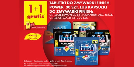 Biedronka: 1+1 GRATIS na tabletki lub kapsułki do zmywarki Finish 30.05.2025