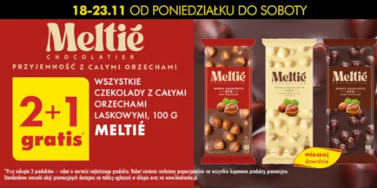 Biedronka: 2+1 GRATIS na czekolady z całymi orzechami laskowymi Meltié 18.11.2024