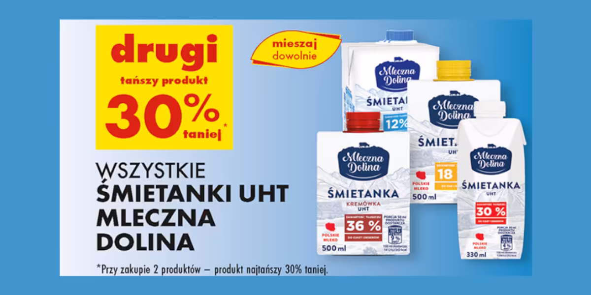 Biedronka: -30% na śmietanki UHT Mleczna Dolina