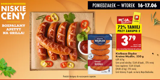 Biedronka: -72% na kiełbasę śląską Kraina Wędlin 16.06.2025
