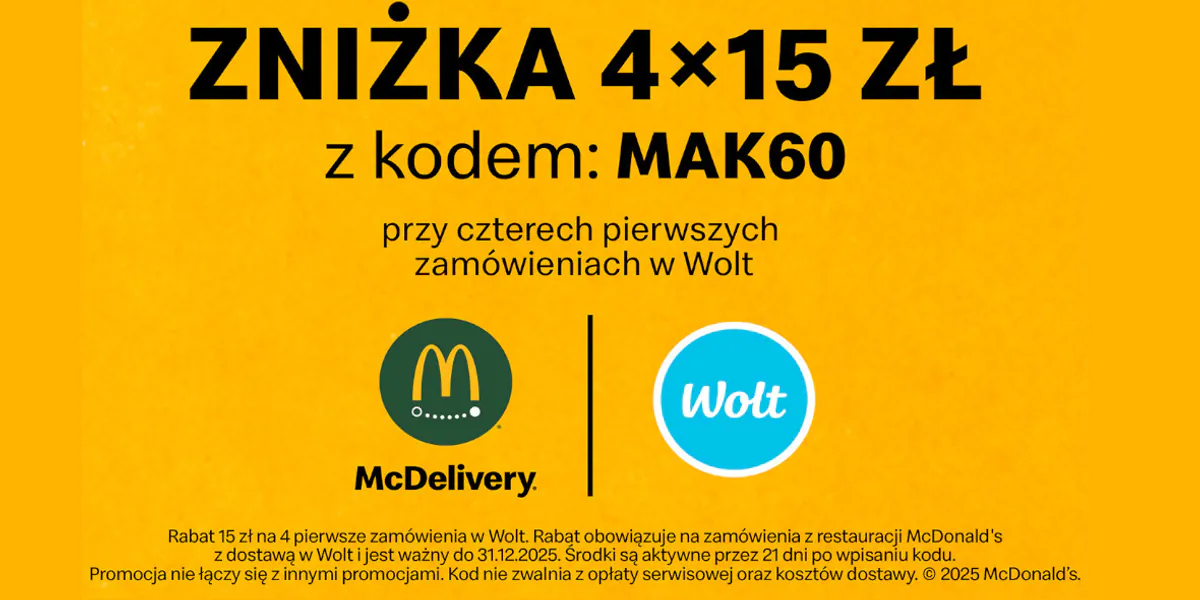 McDonald's: KOD rabatowy 4x -15 zł na zamówienia z Wolt