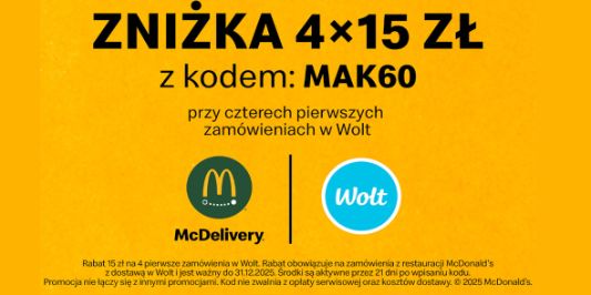 McDonald's: KOD rabatowy 4x -15 zł na zamówienia z Wolt 24.01.2025