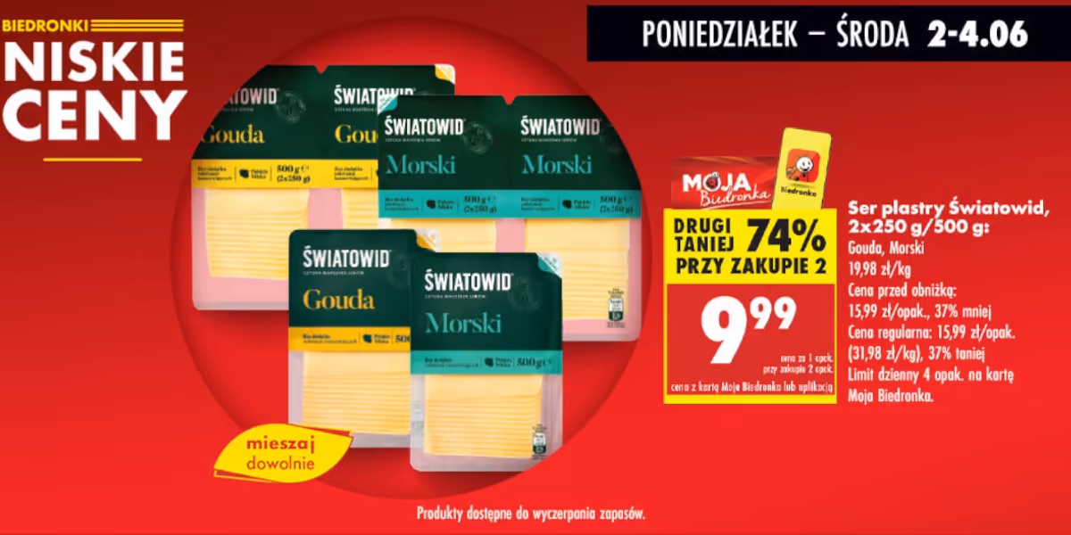 Biedronka: -74% na ser w plastrach Światowid, 2x250 g/500 g