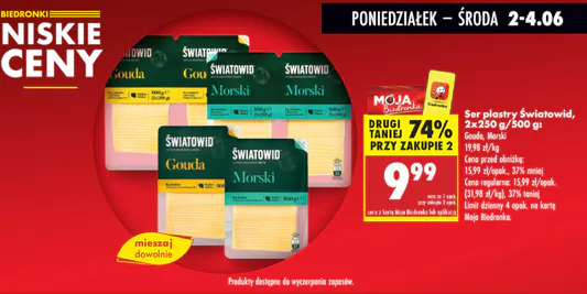 Biedronka: -74% na ser w plastrach Światowid, 2x250 g/500 g 02.06.2025