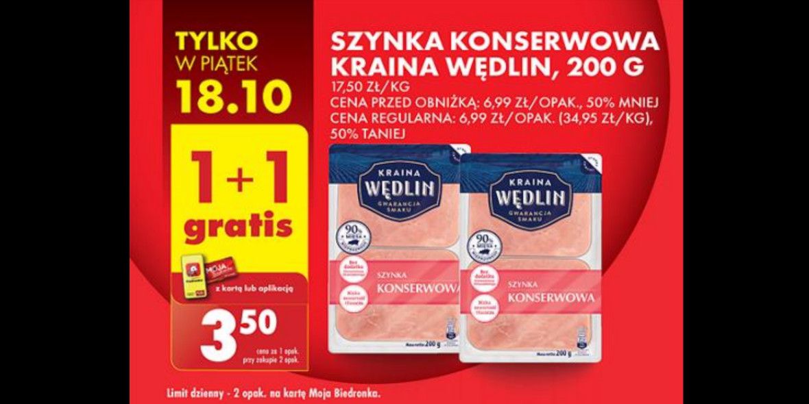 Biedronka: 1+1 GRATIS szynka konserwowa Kraina Wędlin 18.10.2024