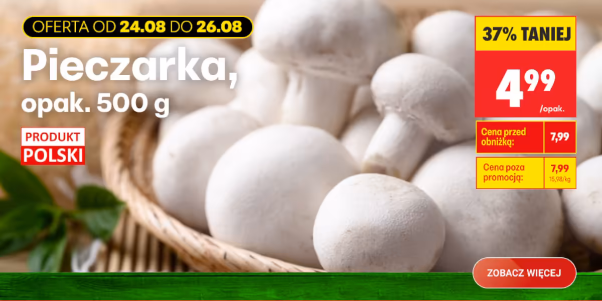 Biedronka: -37% na pieczarki, opak. 500 g