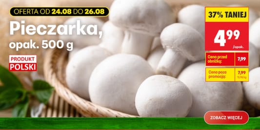 Biedronka: -37% na pieczarki, opak. 500 g 24.08.2026
