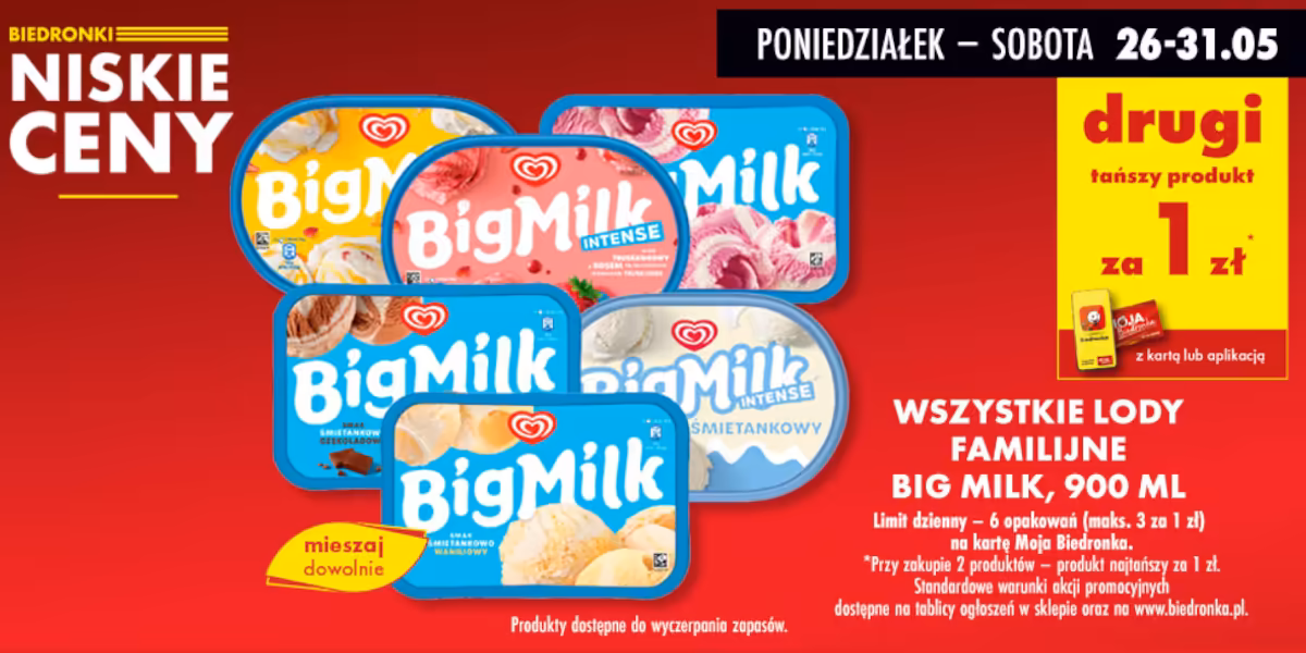 Biedronka: 1 zł za lody familijne Big Milk - drugi produkt