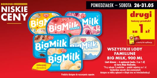 Biedronka: 1 zł za lody familijne Big Milk - drugi produkt 26.05.2025