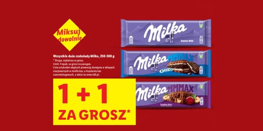 Lidl: 1+1 za GROSZ na duże czekolady Milka 16.03.2026