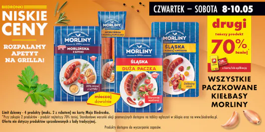 Biedronka: -70% na wszystkie paczkowane kiełbasy Morliny 08.05.2025