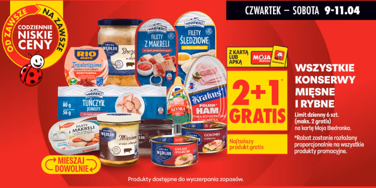 Biedronka: 2+1 GRATIS na wszystkie konserwy rybne i mięsne