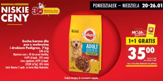 Biedronka: 1 + 1 GRATIS na karmę Pedigree 20.01.2025