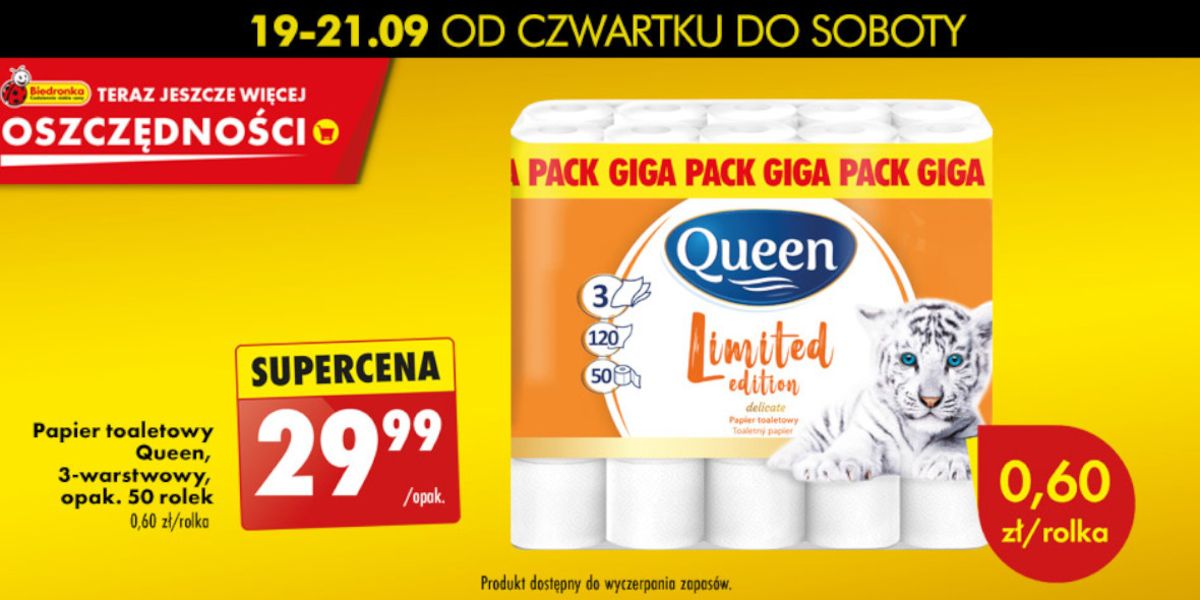 Biedronka: 29,99 zł za papier toaletowy 3-warstwowy Queen, 50 rolek