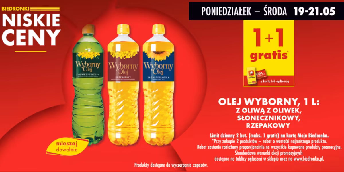 Biedronka: 1+1 GRATIS na olej Wyborny